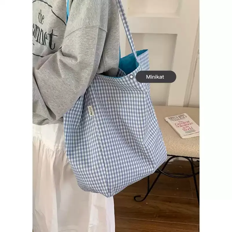 Casualruby© Checkered Canvas Tote Bag Large Capacity Shopping